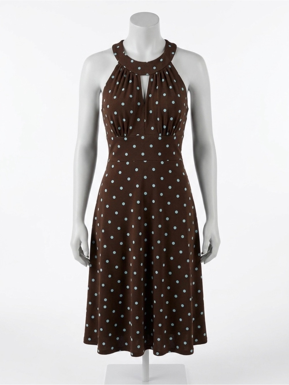 Karin Stevens Brown Polka Dot Midi Halter Dress with Light Blue Dots